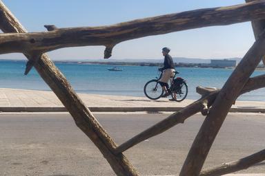 Dei rami di legno fanno da cornice ad un ragazzo che pedala su una banchina di una spiaggia pugliese in una calda giornata d'estate